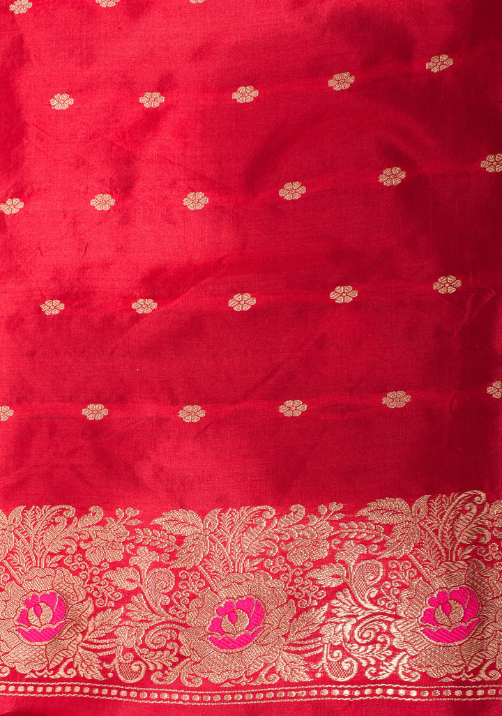 Green Dual tone Banarasi Katan Silk Saree with meenakari buttas and contrast red borders| SILK MARK CERTIFIED