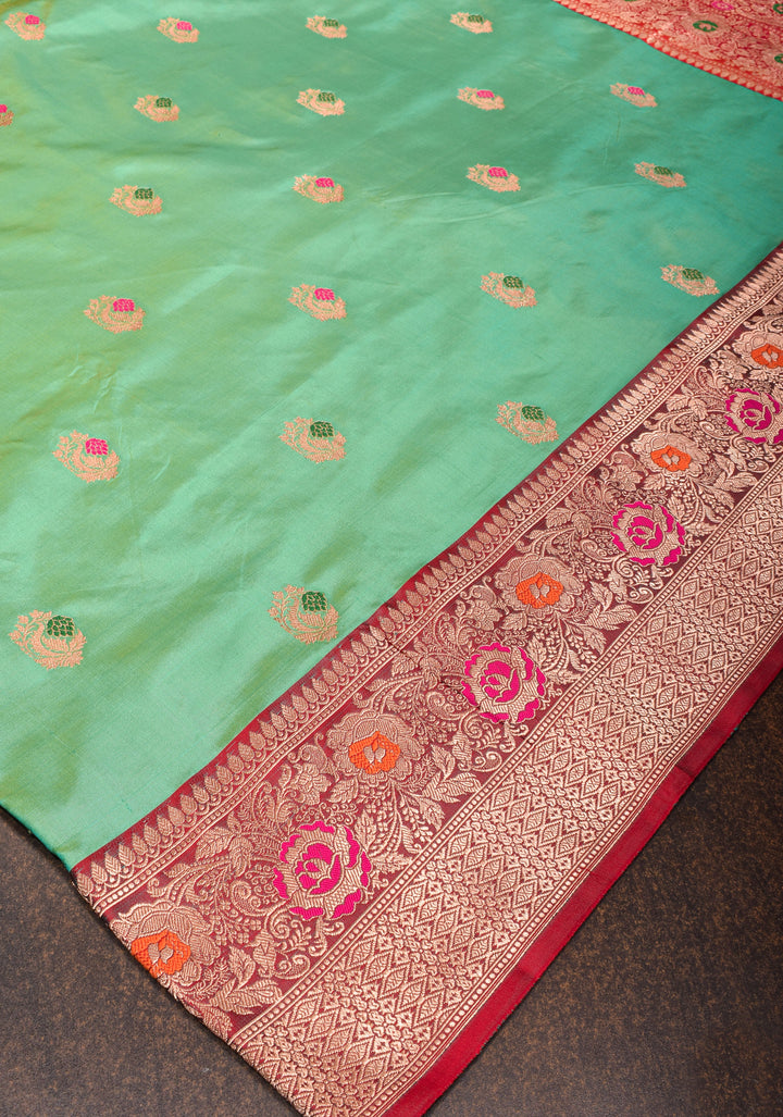 Green Dual tone Banarasi Katan Silk Saree with meenakari buttas and contrast red borders| SILK MARK CERTIFIED