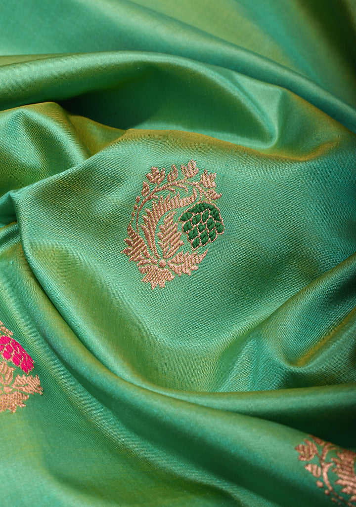Green Dual tone Banarasi Katan Silk Saree with meenakari buttas and contrast red borders| SILK MARK CERTIFIED