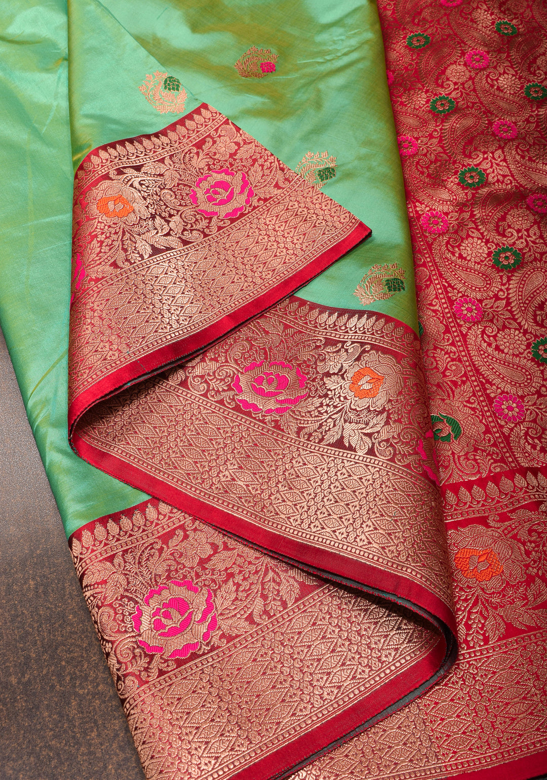 Green Dual tone Banarasi Katan Silk Saree with meenakari buttas and contrast red borders| SILK MARK CERTIFIED