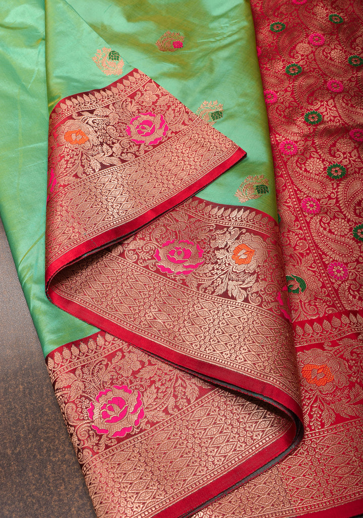 Green Dual tone Banarasi Katan Silk Saree with meenakari buttas and contrast red borders| SILK MARK CERTIFIED