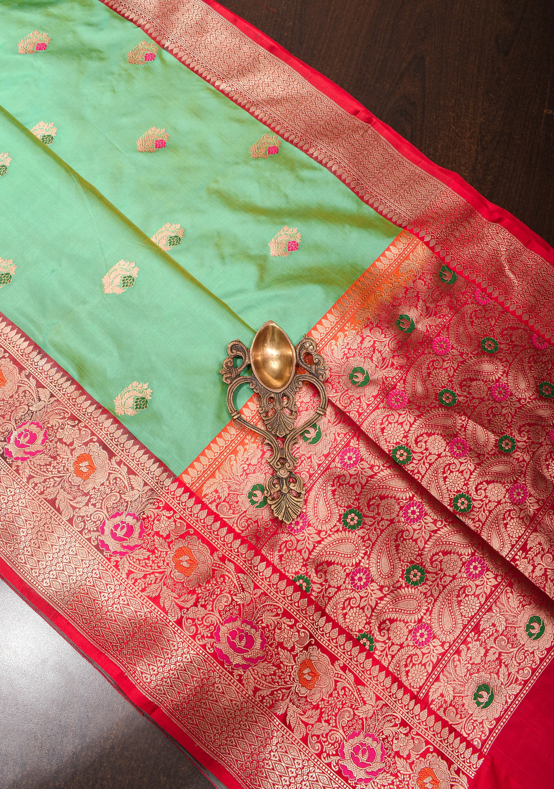 Green Dual tone Banarasi Katan Silk Saree with meenakari buttas and contrast red borders| SILK MARK CERTIFIED