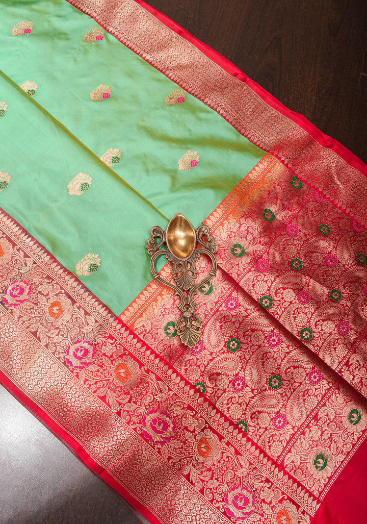 Green Dual tone Banarasi Katan Silk Saree with meenakari buttas and contrast red borders| SILK MARK CERTIFIED