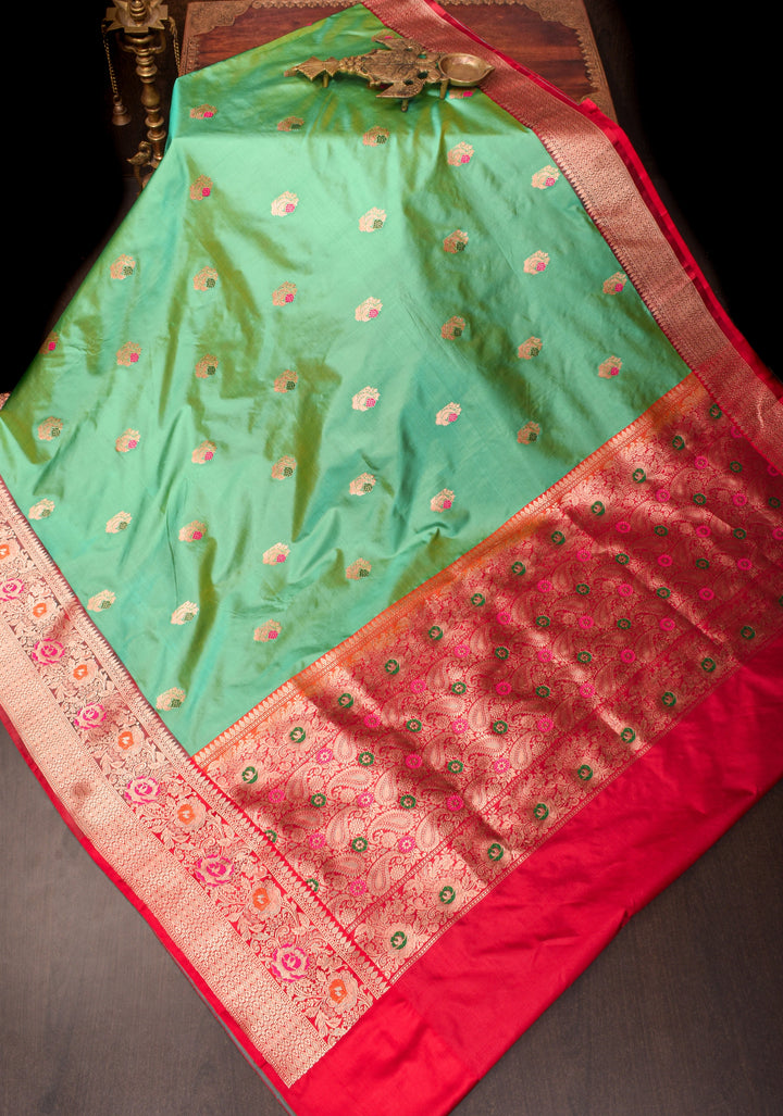 Green Dual tone Banarasi Katan Silk Saree with meenakari buttas and contrast red borders| SILK MARK CERTIFIED