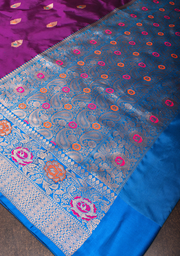 Purple Meenakari Katan Silk Saree with Zari buttas and blue contrast border | SILK MARK CERTIFIED