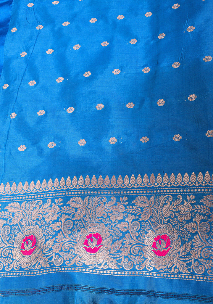 Purple Meenakari Katan Silk Saree with Zari buttas and blue contrast border | SILK MARK CERTIFIED