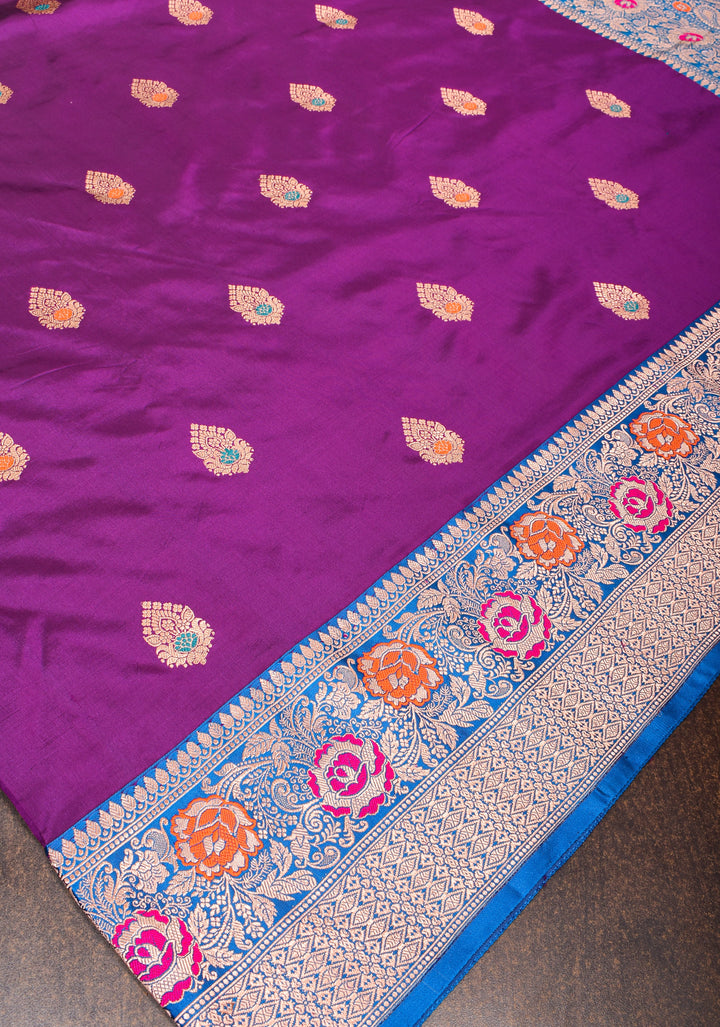 Purple Meenakari Katan Silk Saree with Zari buttas and blue contrast border | SILK MARK CERTIFIED