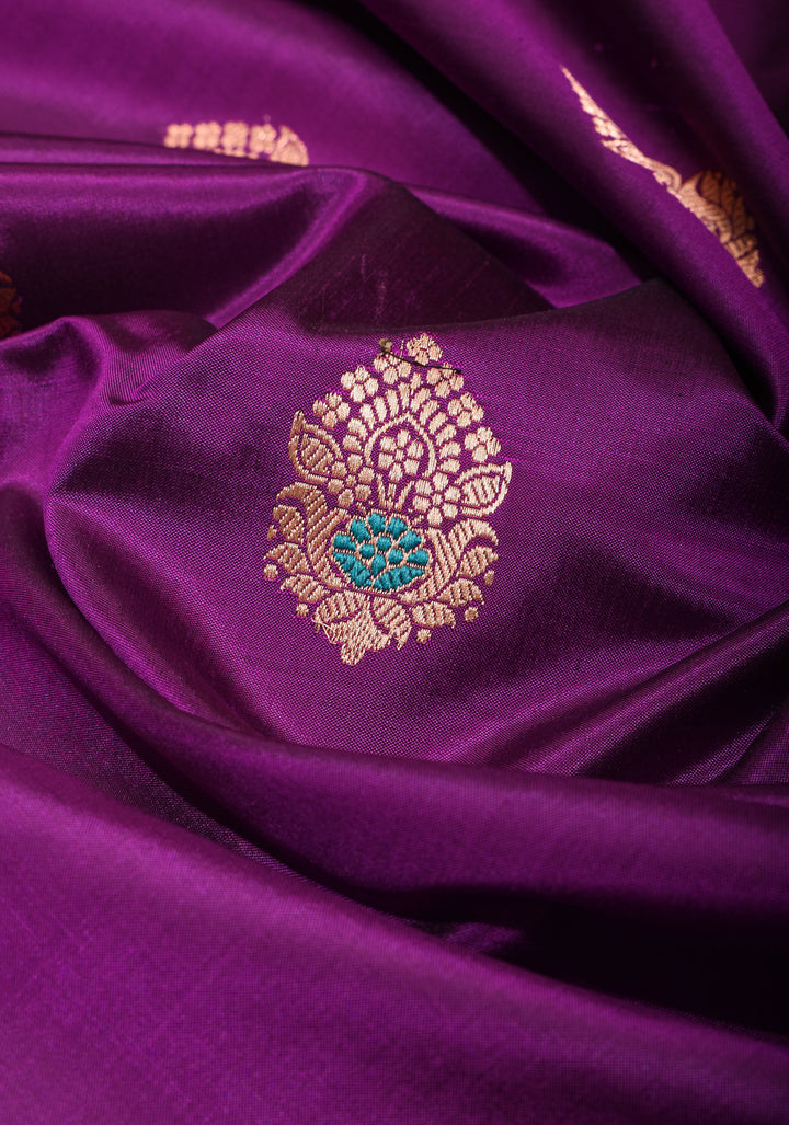 Purple Meenakari Katan Silk Saree with Zari buttas and blue contrast border | SILK MARK CERTIFIED