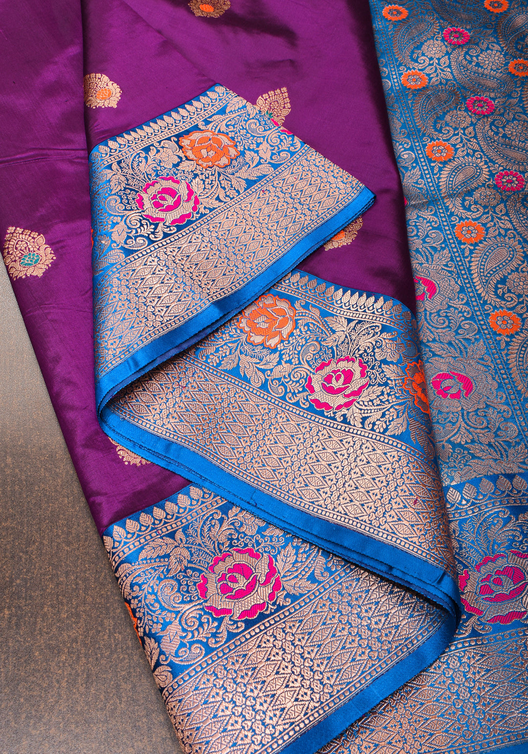 Purple Meenakari Katan Silk Saree with Zari buttas and blue contrast border | SILK MARK CERTIFIED