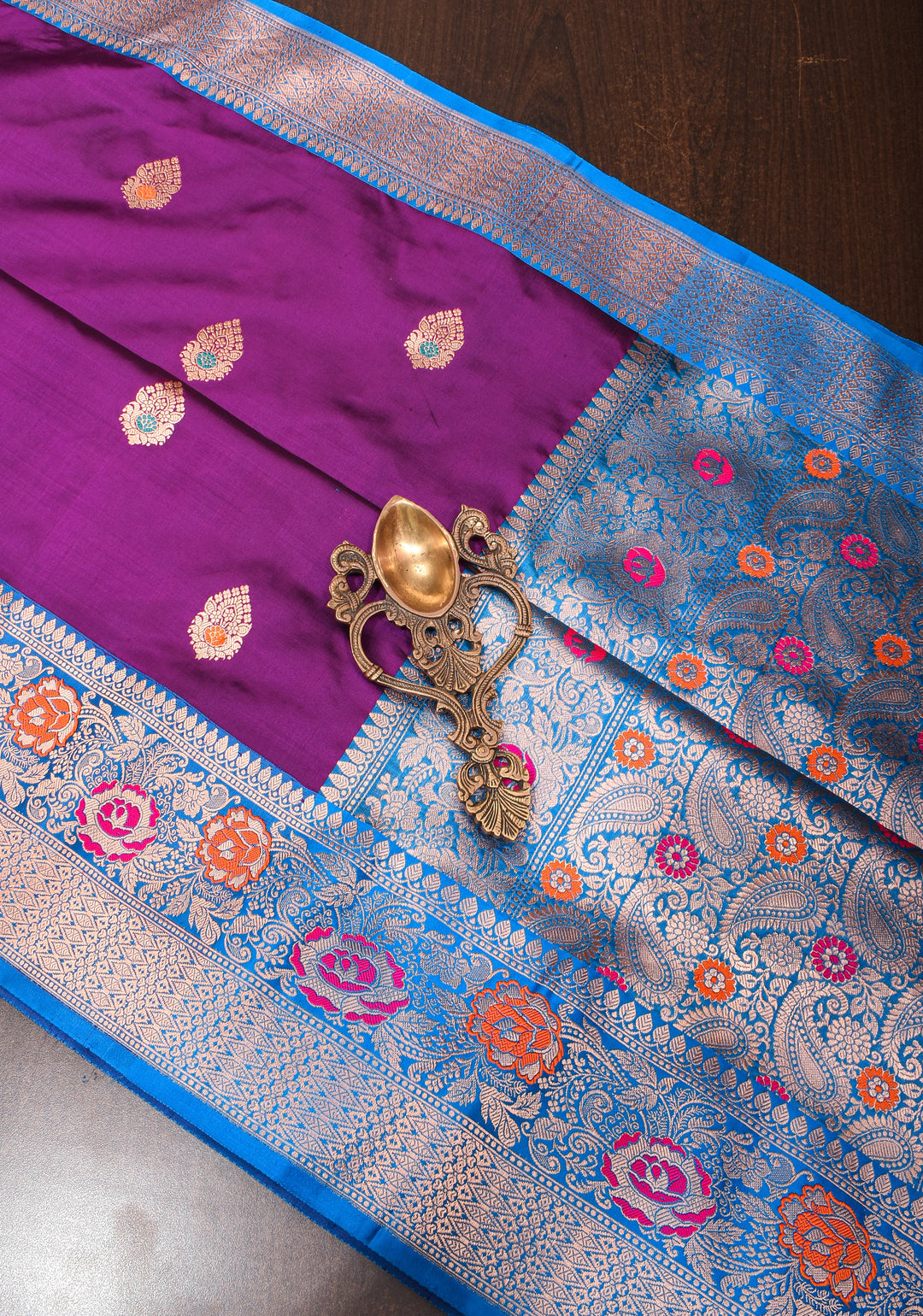Purple Meenakari Katan Silk Saree with Zari buttas and blue contrast border | SILK MARK CERTIFIED