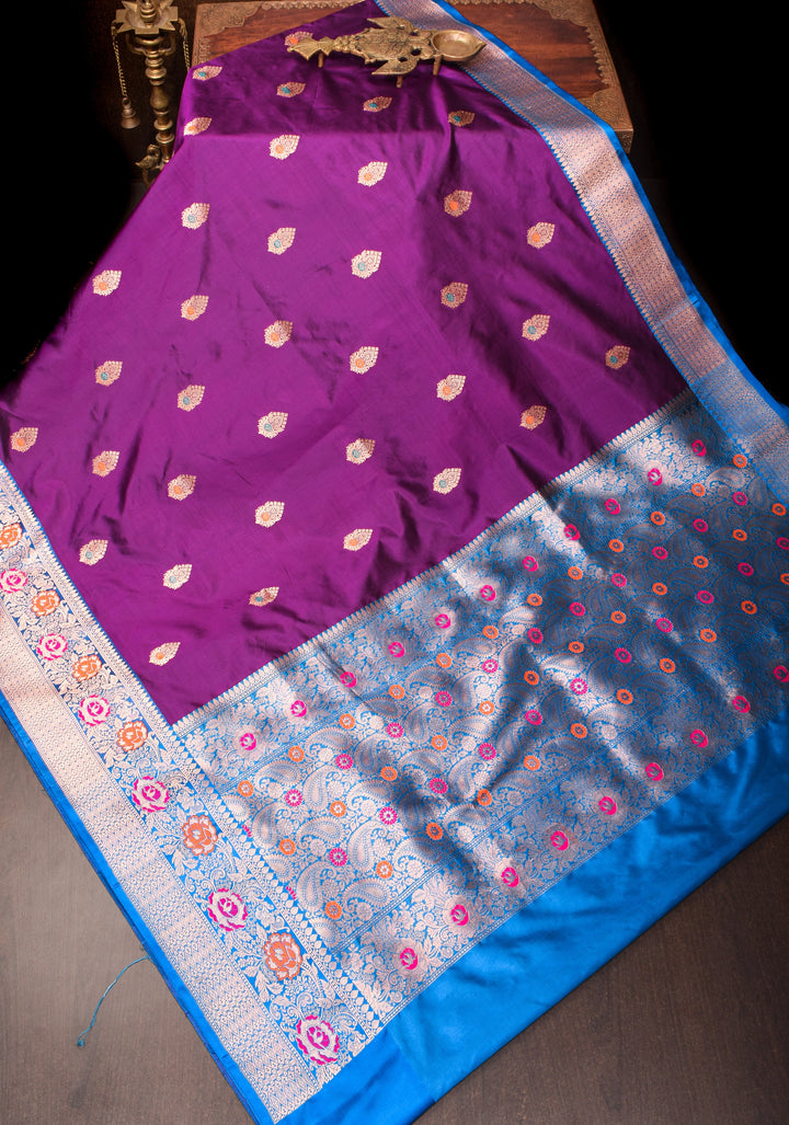 Purple Meenakari Katan Silk Saree with Zari buttas and blue contrast border | SILK MARK CERTIFIED