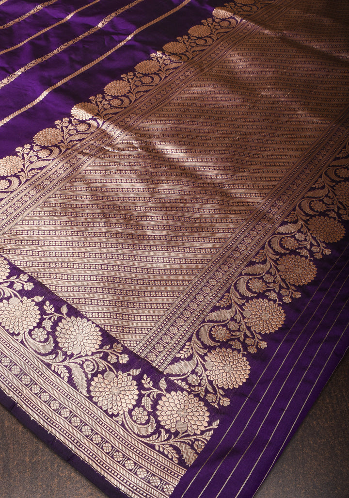 Banarasi Katan Silk Saree in Purple with Vertical Zari Stripes and Zari Border| SILK MARK CERTIFIED