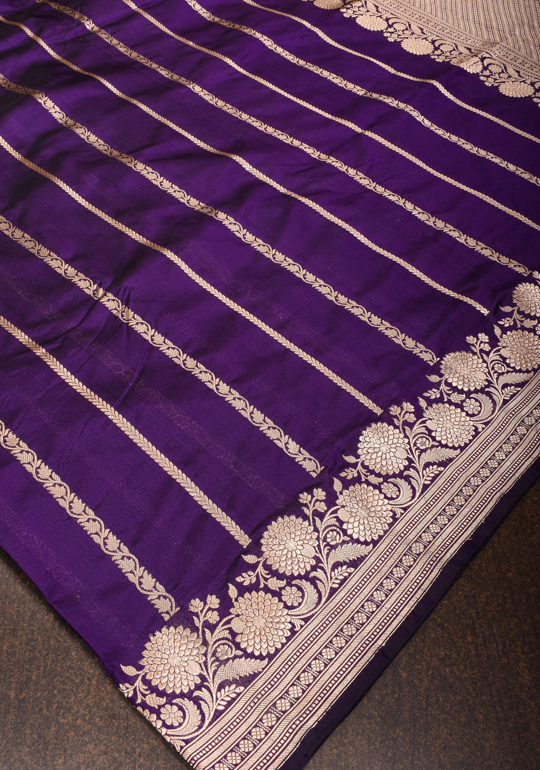 Banarasi Katan Silk Saree in Purple with Vertical Zari Stripes and Zari Border| SILK MARK CERTIFIED