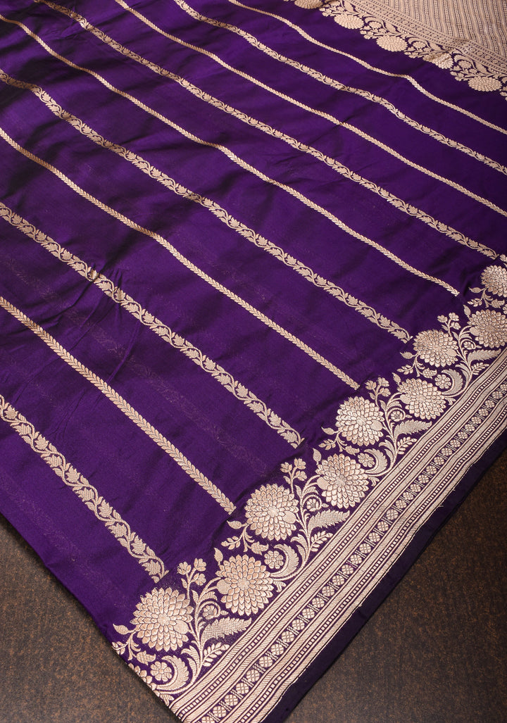 Banarasi Katan Silk Saree in Purple with Vertical Zari Stripes and Zari Border| SILK MARK CERTIFIED