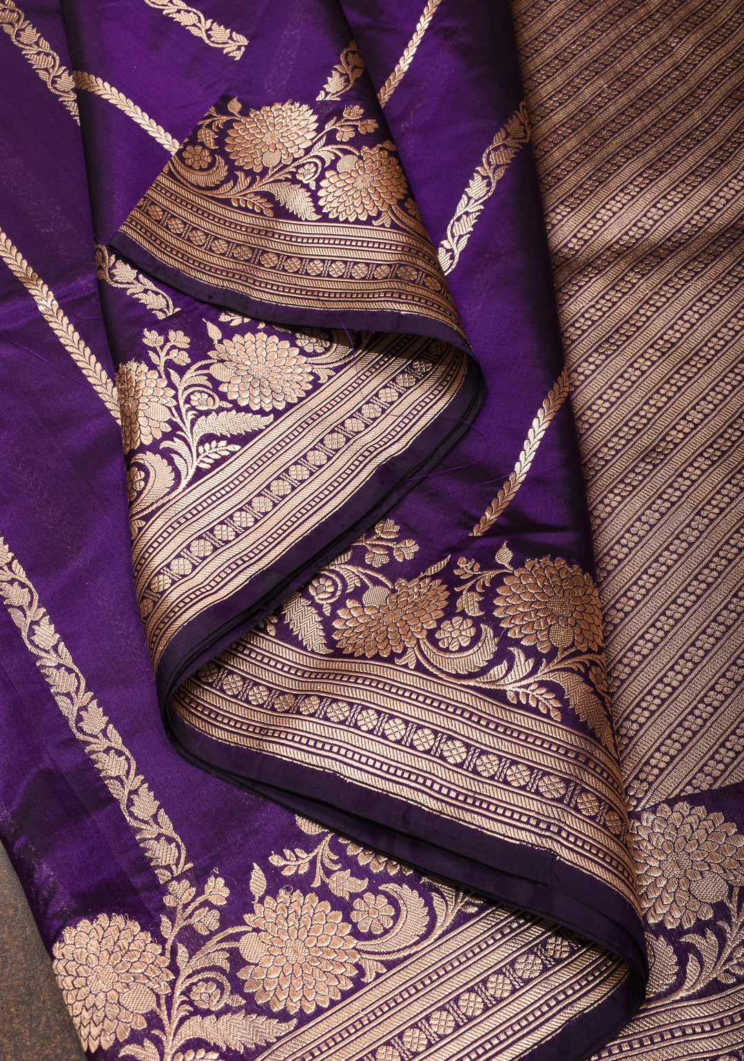 Banarasi Katan Silk Saree in Purple with Vertical Zari Stripes and Zari Border| SILK MARK CERTIFIED