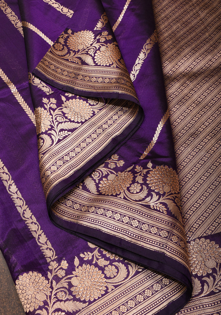 Banarasi Katan Silk Saree in Purple with Vertical Zari Stripes and Zari Border| SILK MARK CERTIFIED