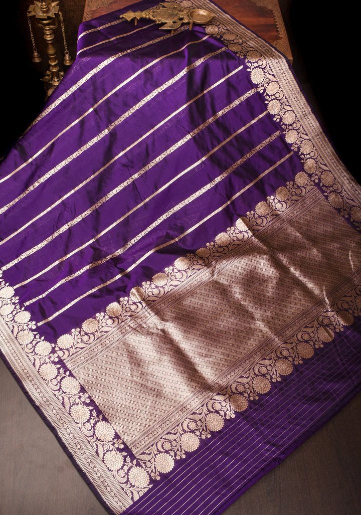 Banarasi Katan Silk Saree in Purple with Vertical Zari Stripes and Zari Border| SILK MARK CERTIFIED
