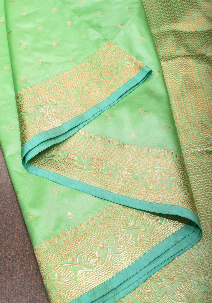Banarasi Katan silk saree in mint green with chunri buttis and zari border| SILK MARK CERTIFIED