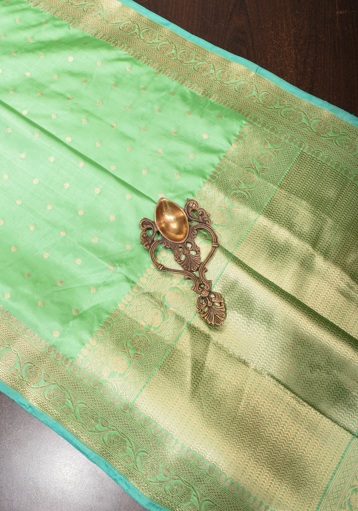 Banarasi Katan silk saree in mint green with chunri buttis and zari border| SILK MARK CERTIFIED