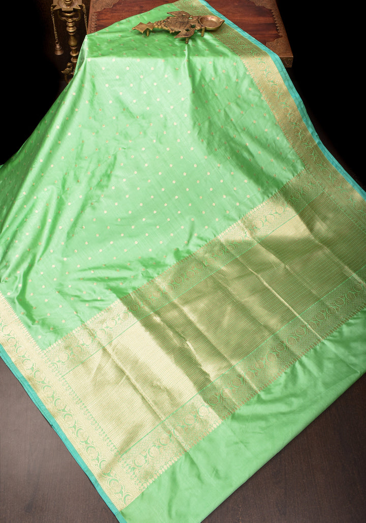 Banarasi Katan silk saree in mint green with chunri buttis and zari border| SILK MARK CERTIFIED
