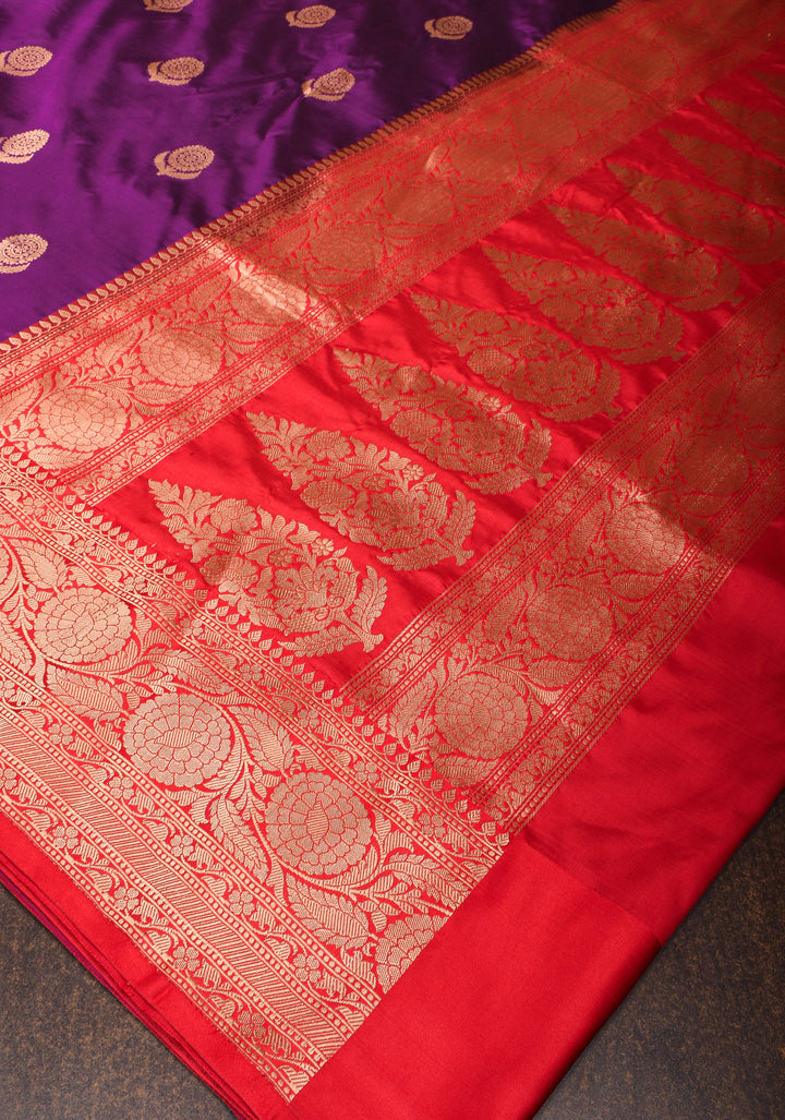 Deep Purple Banarasi Katan Silk Saree with Zari Buttas and Contrast Red Zari Borders| SILK MARK CERTIFIED