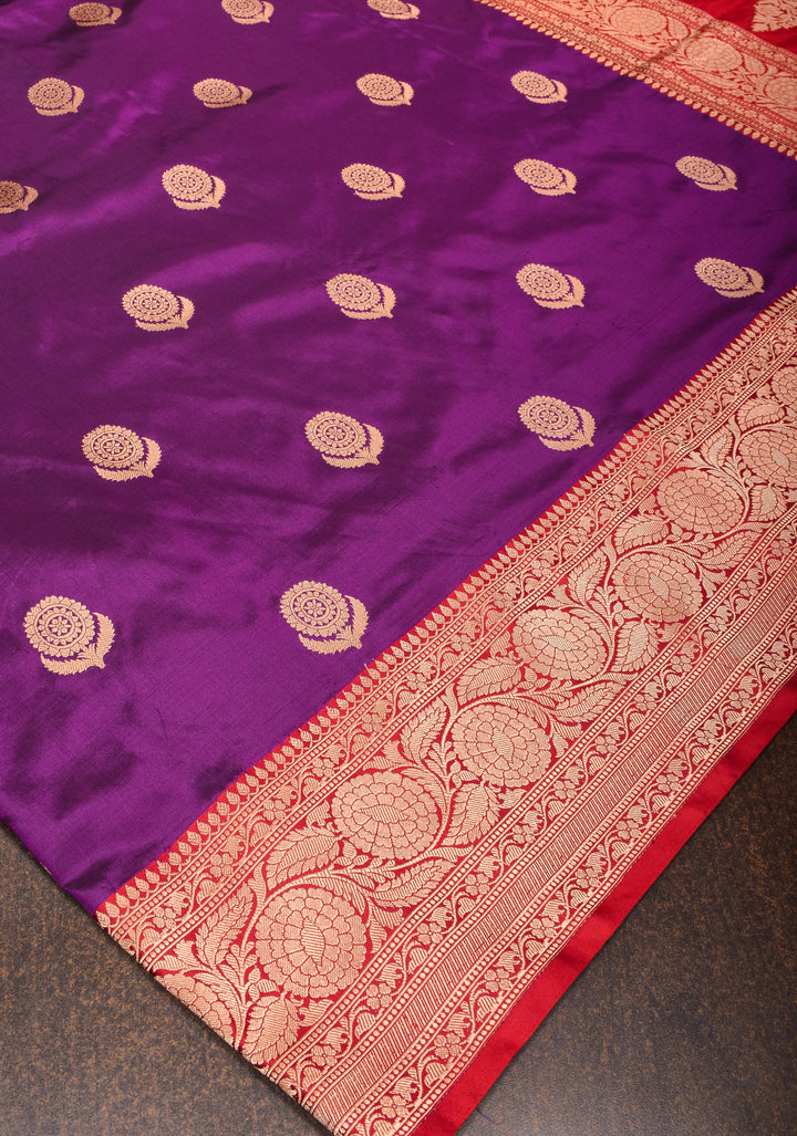 Deep Purple Banarasi Katan Silk Saree with Zari Buttas and Contrast Red Zari Borders| SILK MARK CERTIFIED