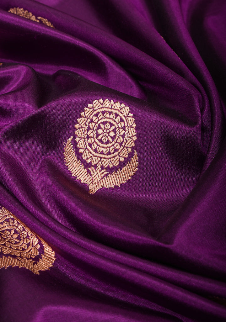 Deep Purple Banarasi Katan Silk Saree with Zari Buttas and Contrast Red Zari Borders| SILK MARK CERTIFIED