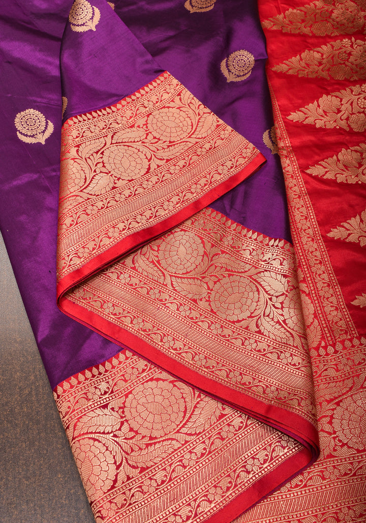 Deep Purple Banarasi Katan Silk Saree with Zari Buttas and Contrast Red Zari Borders| SILK MARK CERTIFIED