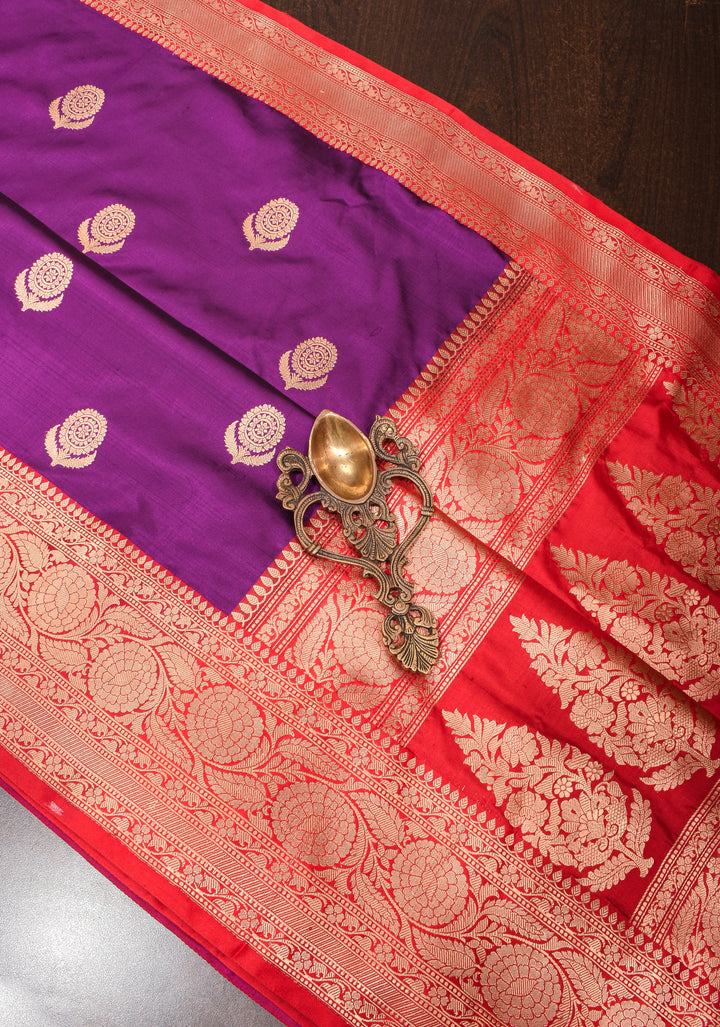 Deep Purple Banarasi Katan Silk Saree with Zari Buttas and Contrast Red Zari Borders| SILK MARK CERTIFIED