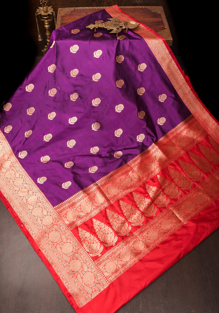 Deep Purple Banarasi Katan Silk Saree with Zari Buttas and Contrast Red Zari Borders| SILK MARK CERTIFIED