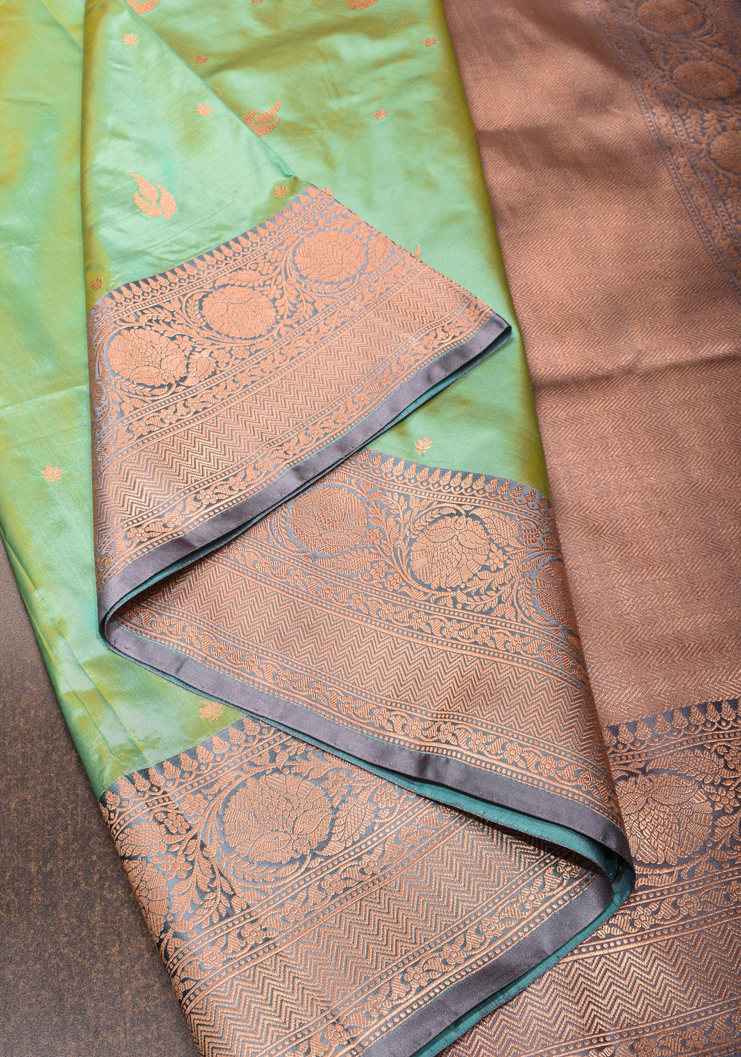 Banarasi Katan silk saree in Light green dual tone with zari buttas and gray contrast border| SILK MARK CERTIFIED