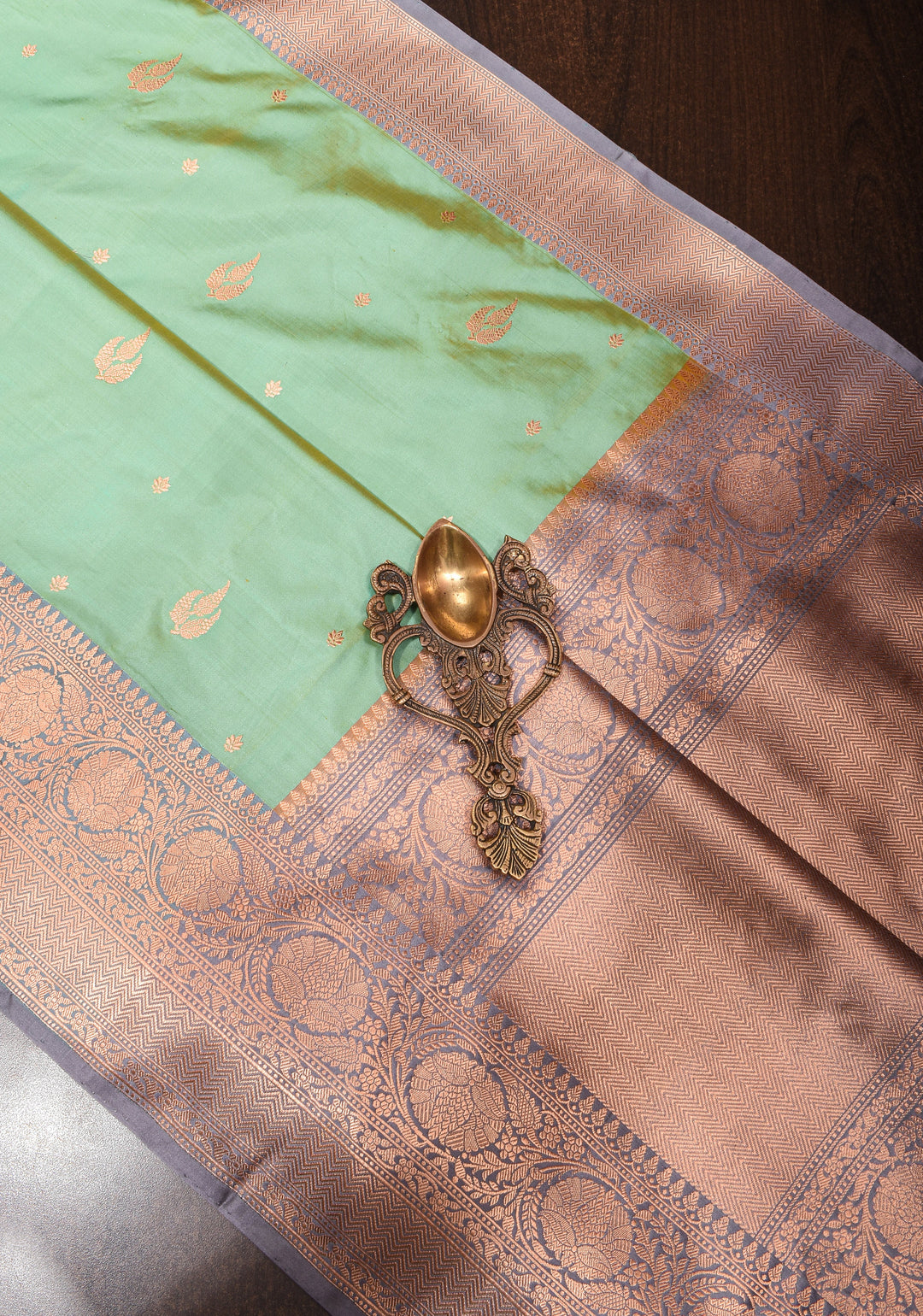 Banarasi Katan silk saree in Light green dual tone with zari buttas and gray contrast border| SILK MARK CERTIFIED