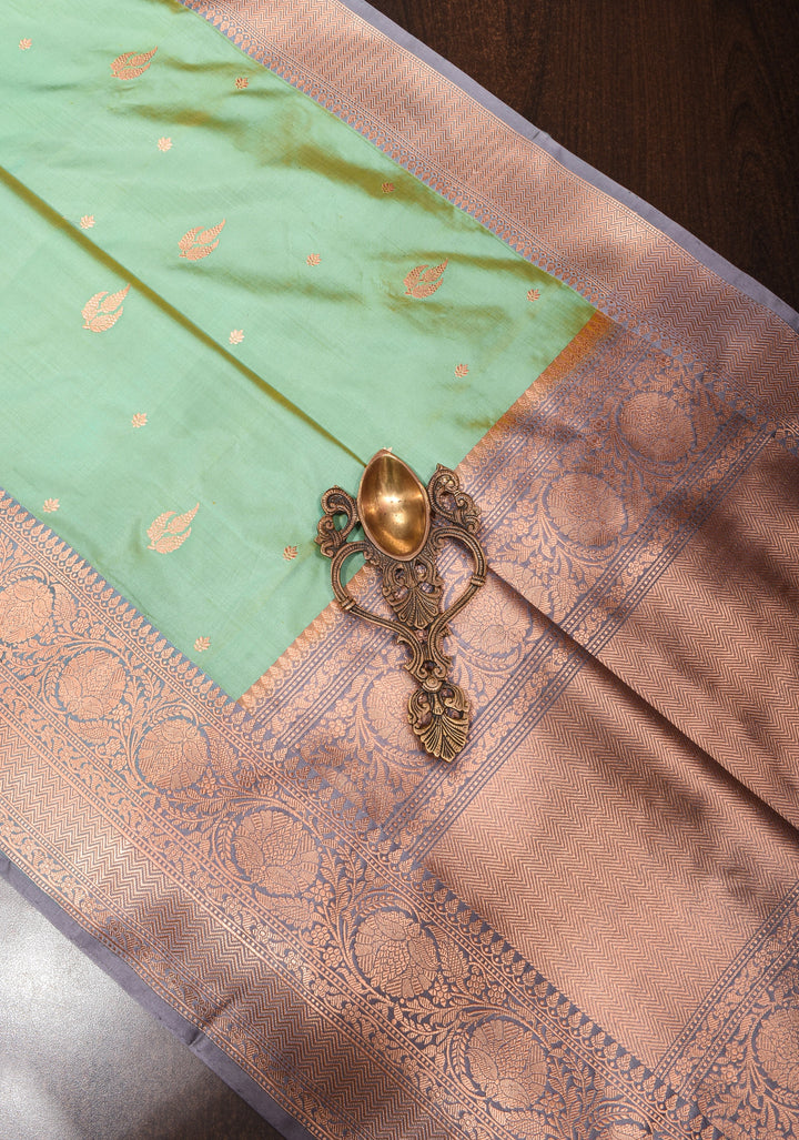 Banarasi Katan silk saree in Light green dual tone with zari buttas and gray contrast border| SILK MARK CERTIFIED