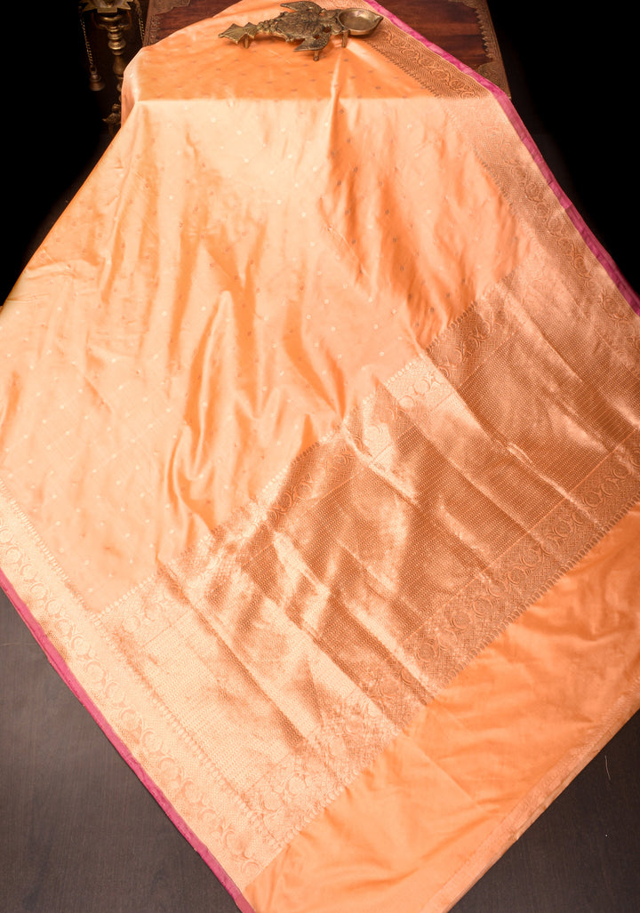 Banarasi Katan Silk Saree in Creamy Peach with Zari Buttas and Zari Border | SILK MARK CERTIFIED