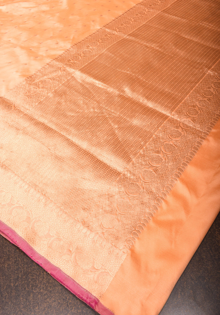 Banarasi Katan Silk Saree in Creamy Peach with Zari Buttas and Zari Border | SILK MARK CERTIFIED