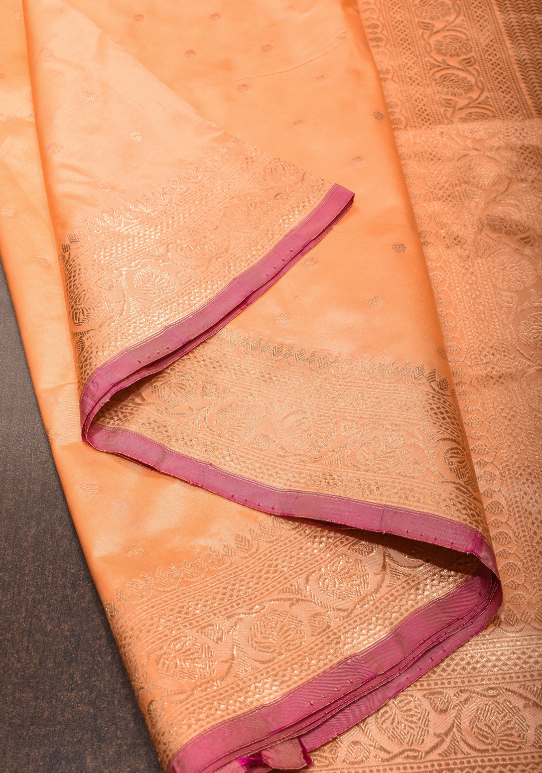 Banarasi Katan Silk Saree in Creamy Peach with Zari Buttas and Zari Border | SILK MARK CERTIFIED