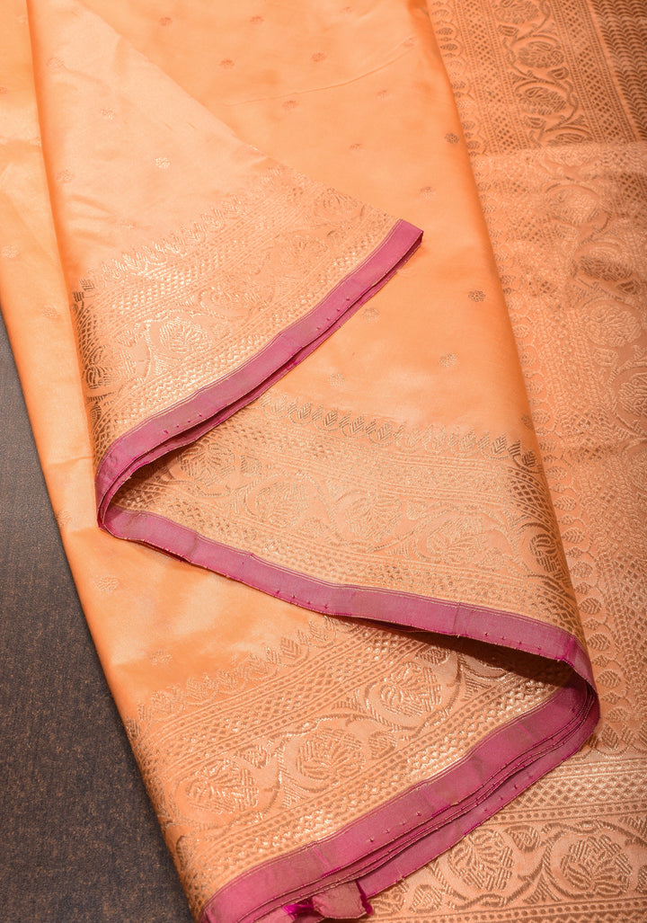 Banarasi Katan Silk Saree in Creamy Peach with Zari Buttas and Zari Border | SILK MARK CERTIFIED