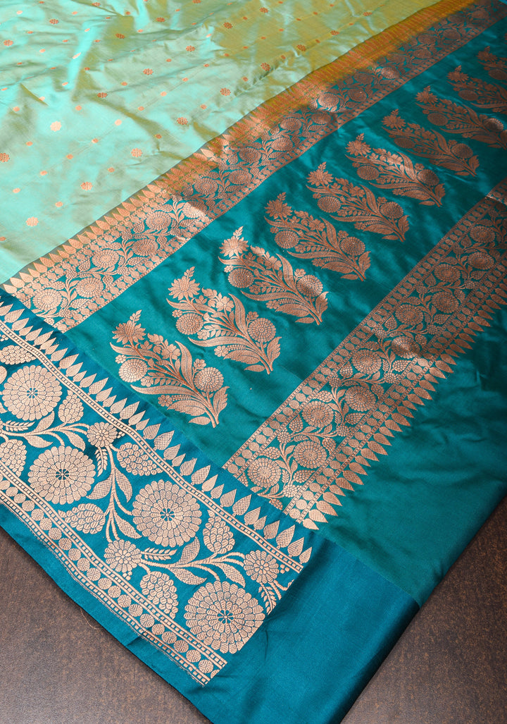 Cyan dual tone Banarasi Katan Silk Saree with Zari Motifs and  Cyan contrast border | SILK MARK CERTIFIED