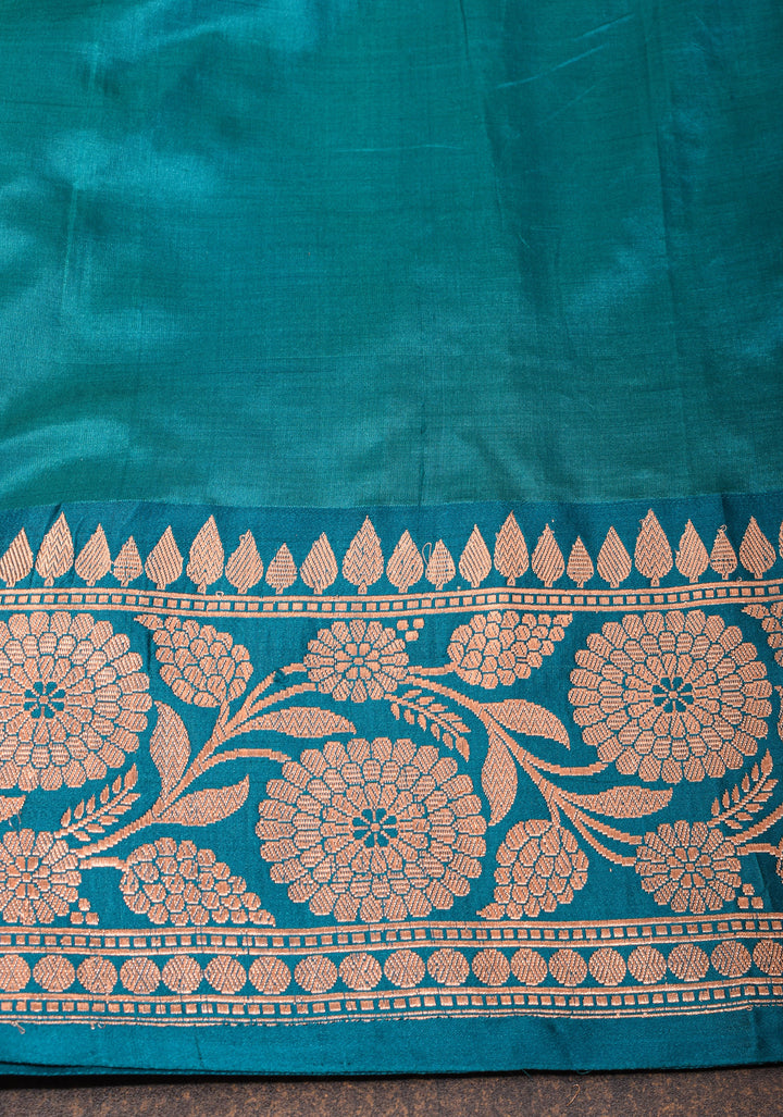 Cyan dual tone Banarasi Katan Silk Saree with Zari Motifs and  Cyan contrast border | SILK MARK CERTIFIED