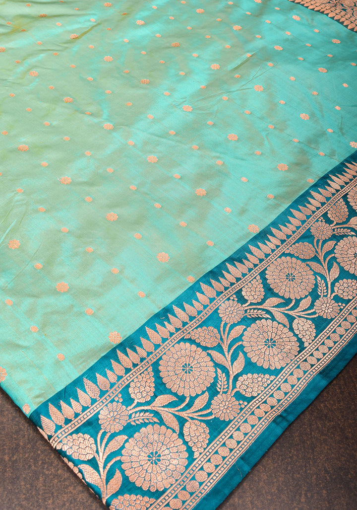 Cyan dual tone Banarasi Katan Silk Saree with Zari Motifs and  Cyan contrast border | SILK MARK CERTIFIED