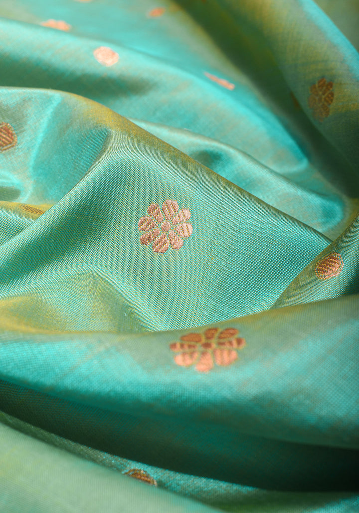 Cyan dual tone Banarasi Katan Silk Saree with Zari Motifs and  Cyan contrast border | SILK MARK CERTIFIED