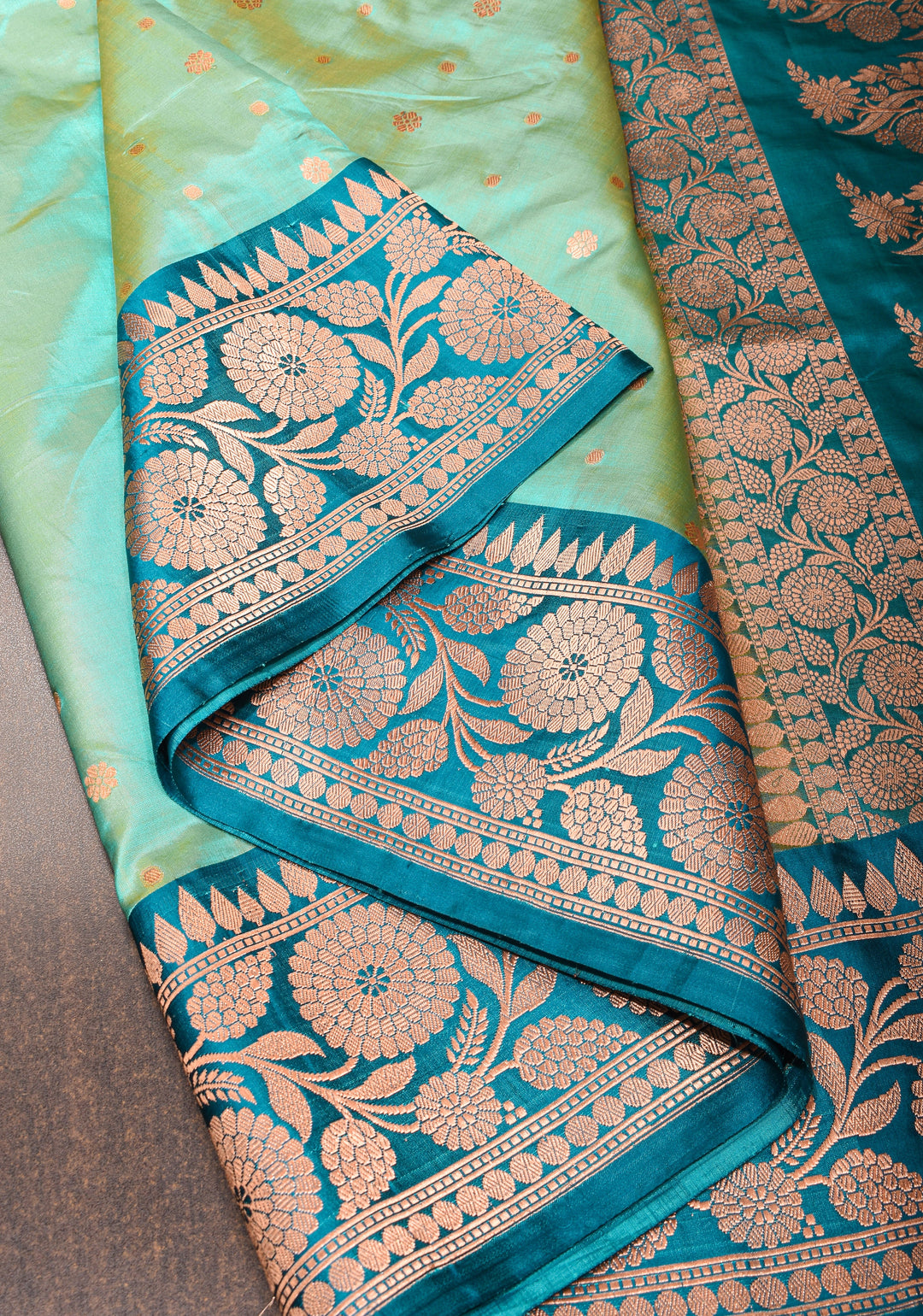 Cyan dual tone Banarasi Katan Silk Saree with Zari Motifs and  Cyan contrast border | SILK MARK CERTIFIED