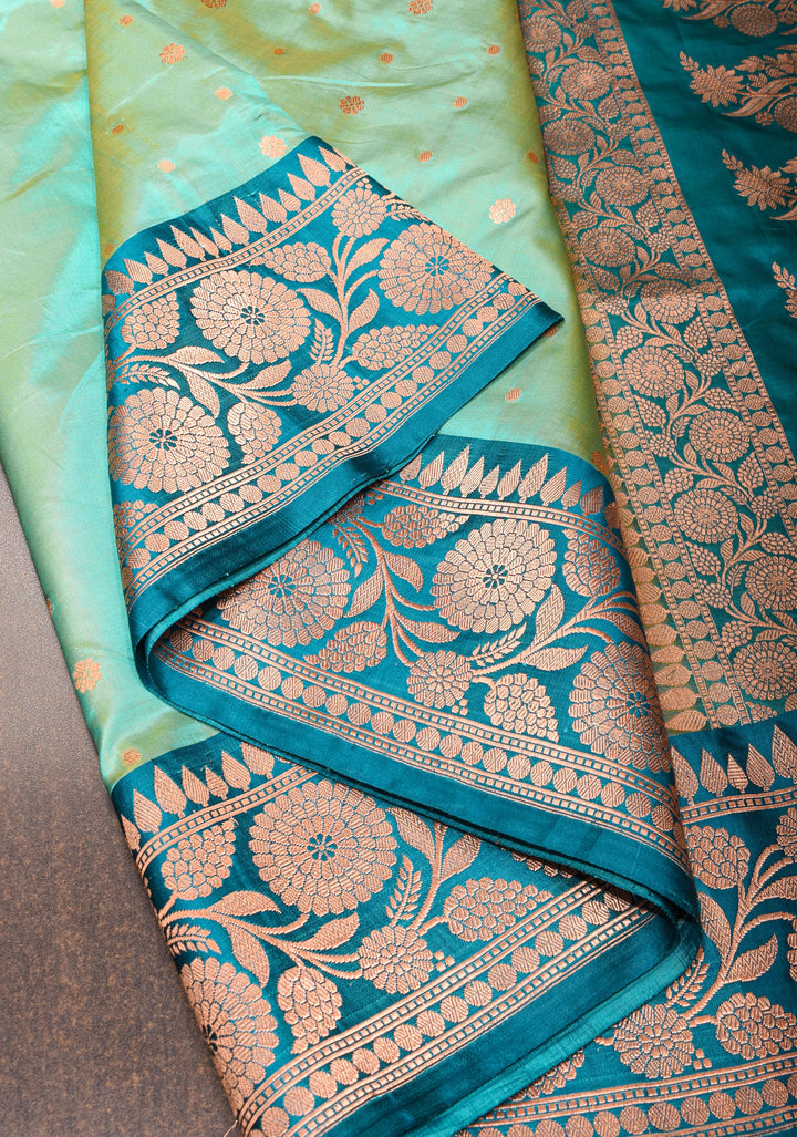 Cyan dual tone Banarasi Katan Silk Saree with Zari Motifs and  Cyan contrast border | SILK MARK CERTIFIED