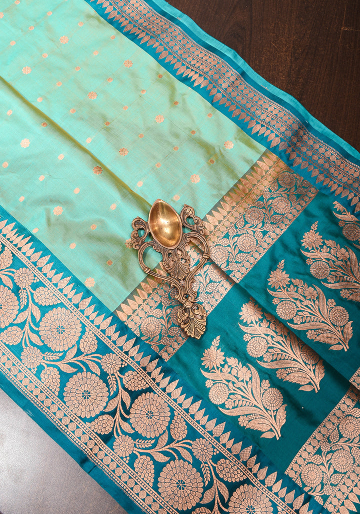 Cyan dual tone Banarasi Katan Silk Saree with Zari Motifs and  Cyan contrast border | SILK MARK CERTIFIED