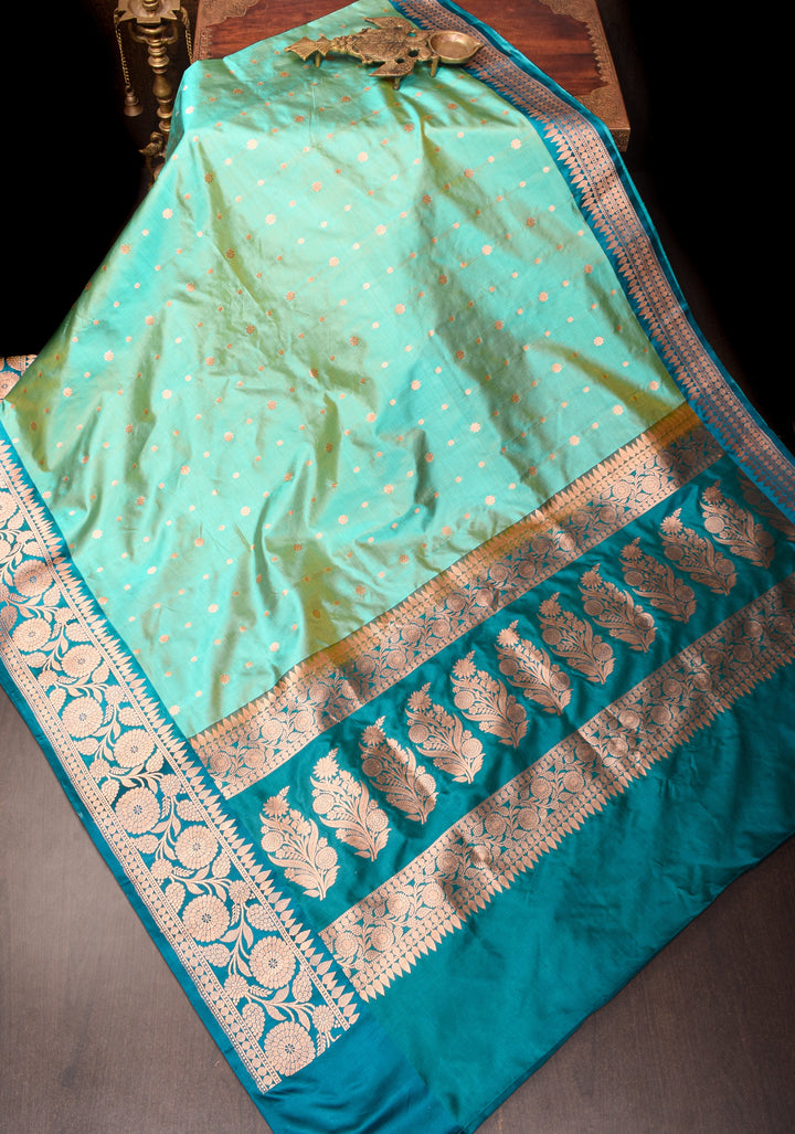 Cyan dual tone Banarasi Katan Silk Saree with Zari Motifs and  Cyan contrast border | SILK MARK CERTIFIED
