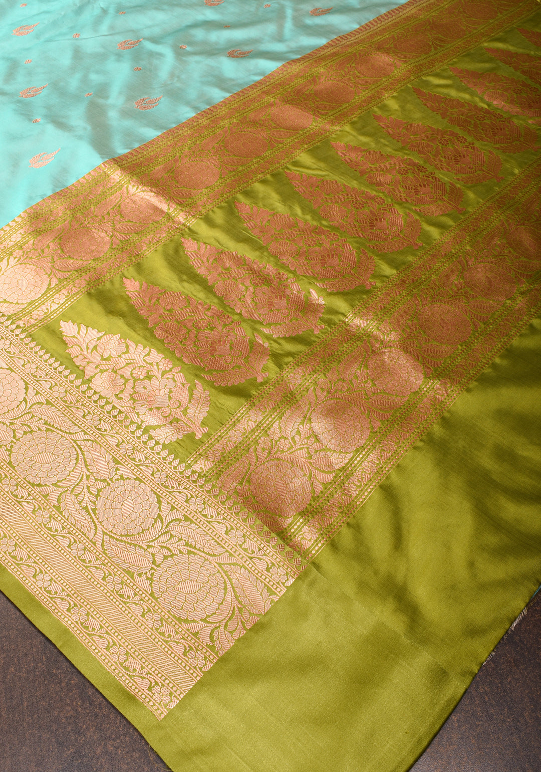 Aqua Banarasi Katan Silk Saree with Zari Buttas and Moss Green Contrast Zari Borders| SILK MARK CERTIFIED