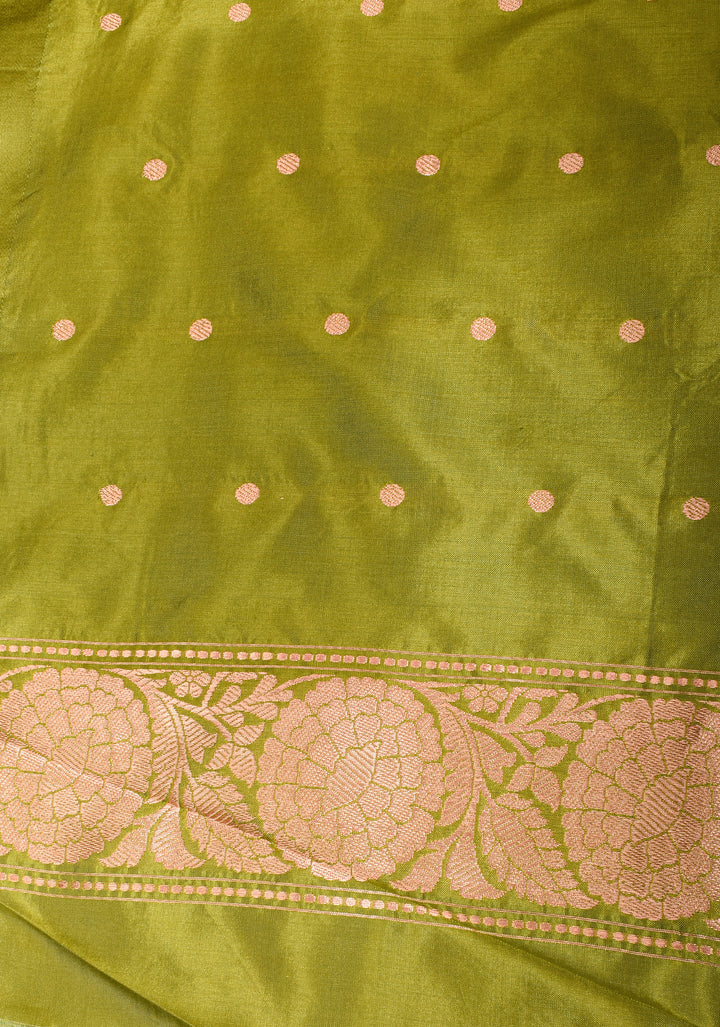 Aqua Banarasi Katan Silk Saree with Zari Buttas and Moss Green Contrast Zari Borders| SILK MARK CERTIFIED