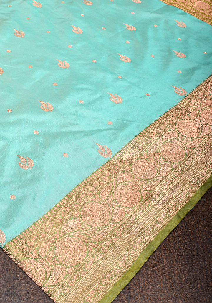 Aqua Banarasi Katan Silk Saree with Zari Buttas and Moss Green Contrast Zari Borders| SILK MARK CERTIFIED