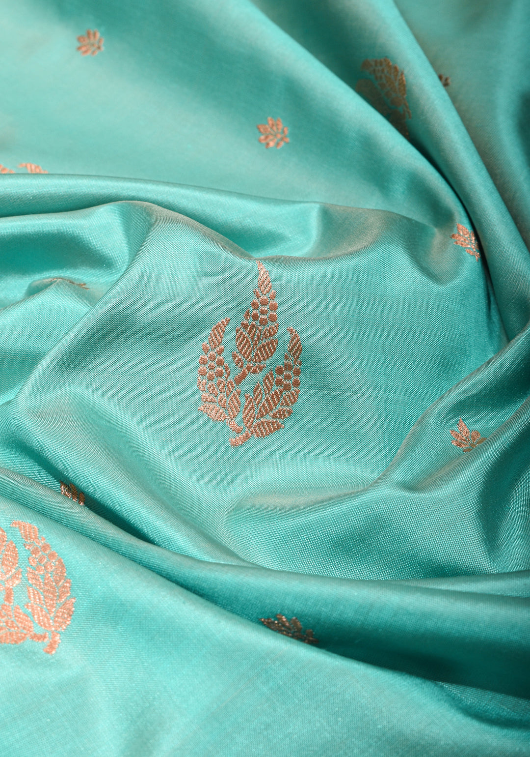 Aqua Banarasi Katan Silk Saree with Zari Buttas and Moss Green Contrast Zari Borders| SILK MARK CERTIFIED
