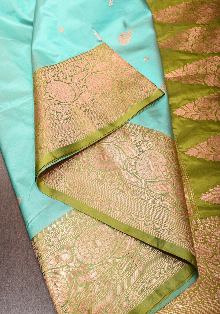 Aqua Banarasi Katan Silk Saree with Zari Buttas and Moss Green Contrast Zari Borders| SILK MARK CERTIFIED